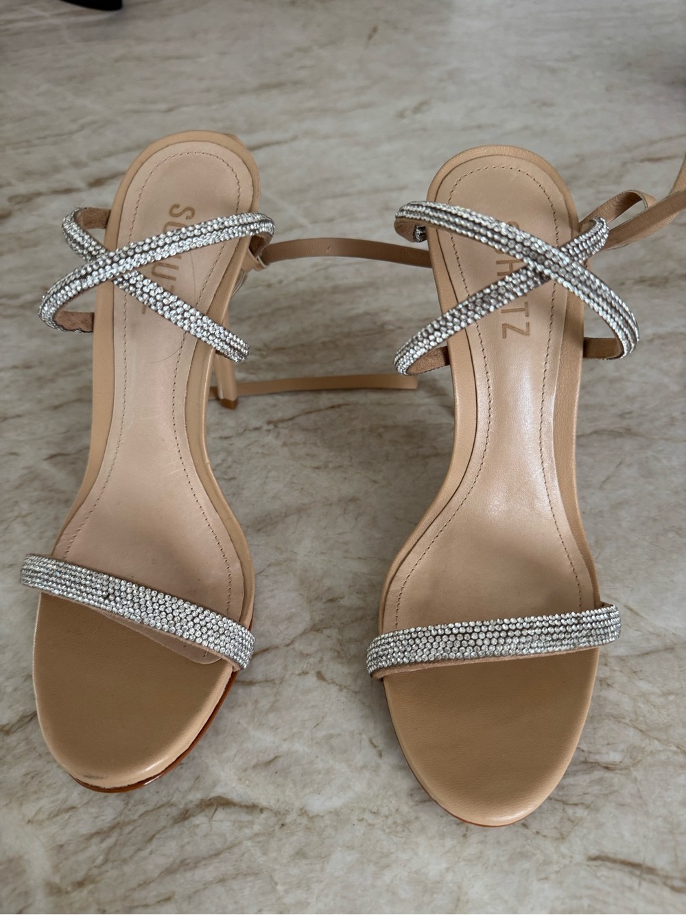 SCHUTZ Nude Rhinestone Strappy Heeled Sandals